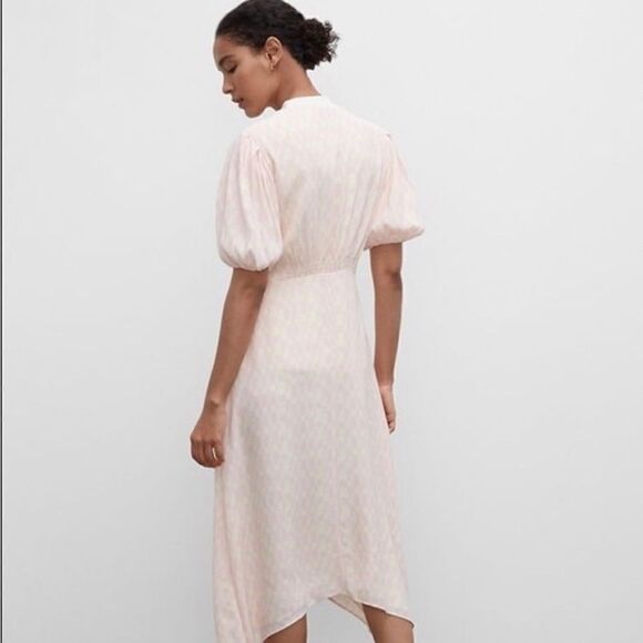 Club Monaco pink and cream check puff sleeve midi dress size 2 - Picture 2 of 12